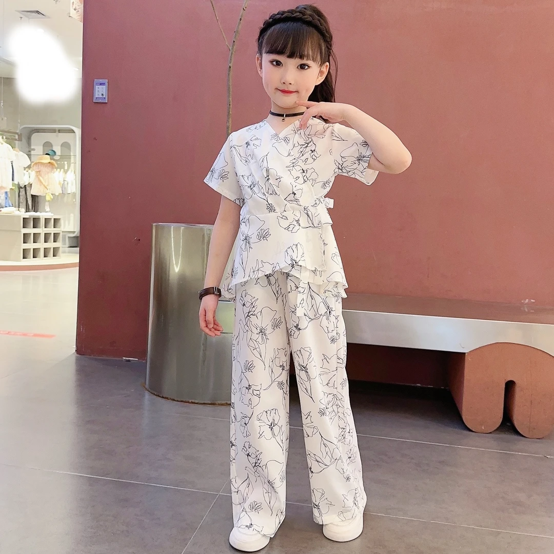 女童夏季短袖长裤套装2025新款新中式中大童碎花两件套洋气古典