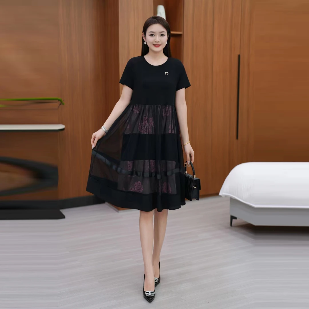 圆领短袖时尚宽松连衣裙2024年夏季新款百搭休闲减龄连衣裙女