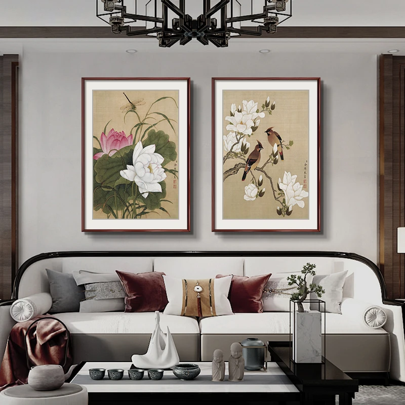 荷塘双晖  中式餐厅山水名画办公室客厅沙发背景墙装饰画