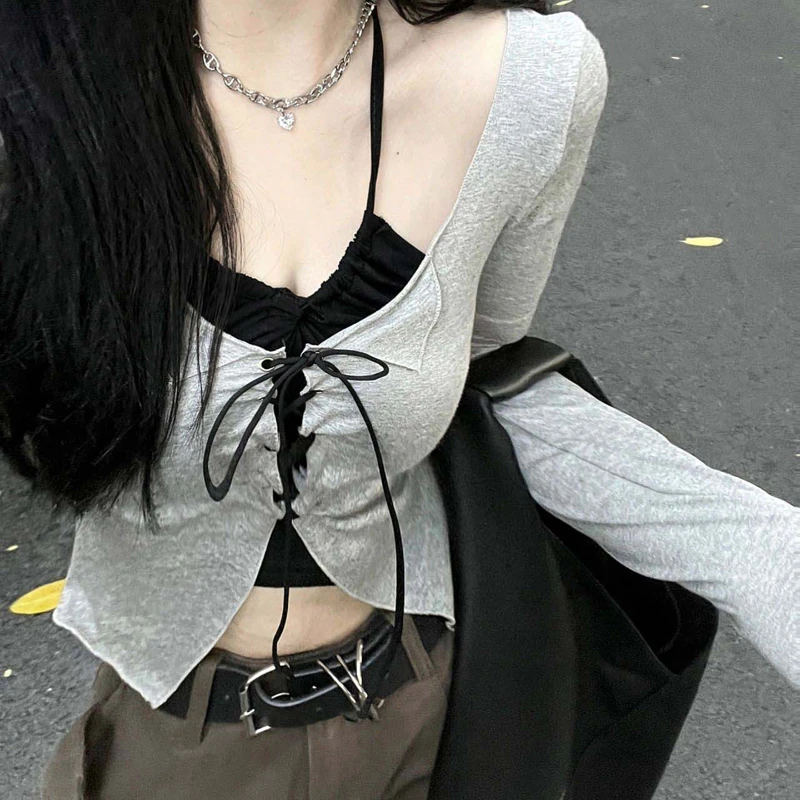 甜酷设计感长袖T恤女春秋露脐短款小众chic套装独特别致辣妹上衣