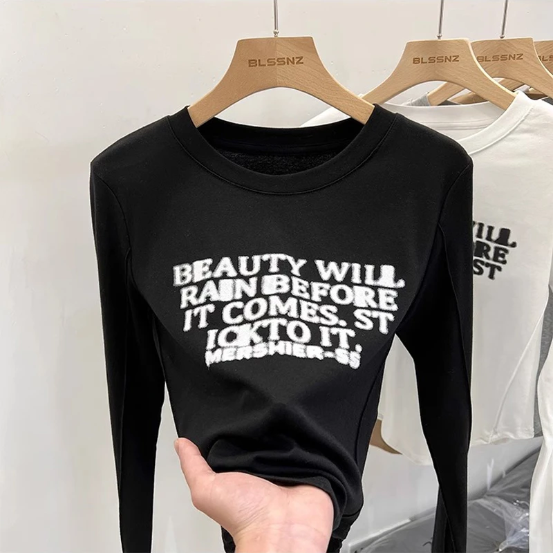 美式复古小众鱼骨长袖t恤女短款上衣微胖遮肉显瘦百搭内搭打底衫