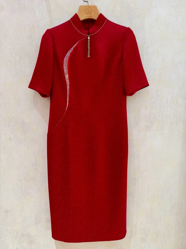 17581朱紫瑜醋酸缎面枣红紫红色喜婆婆喜妈妈婚宴旗袍礼服敬酒服