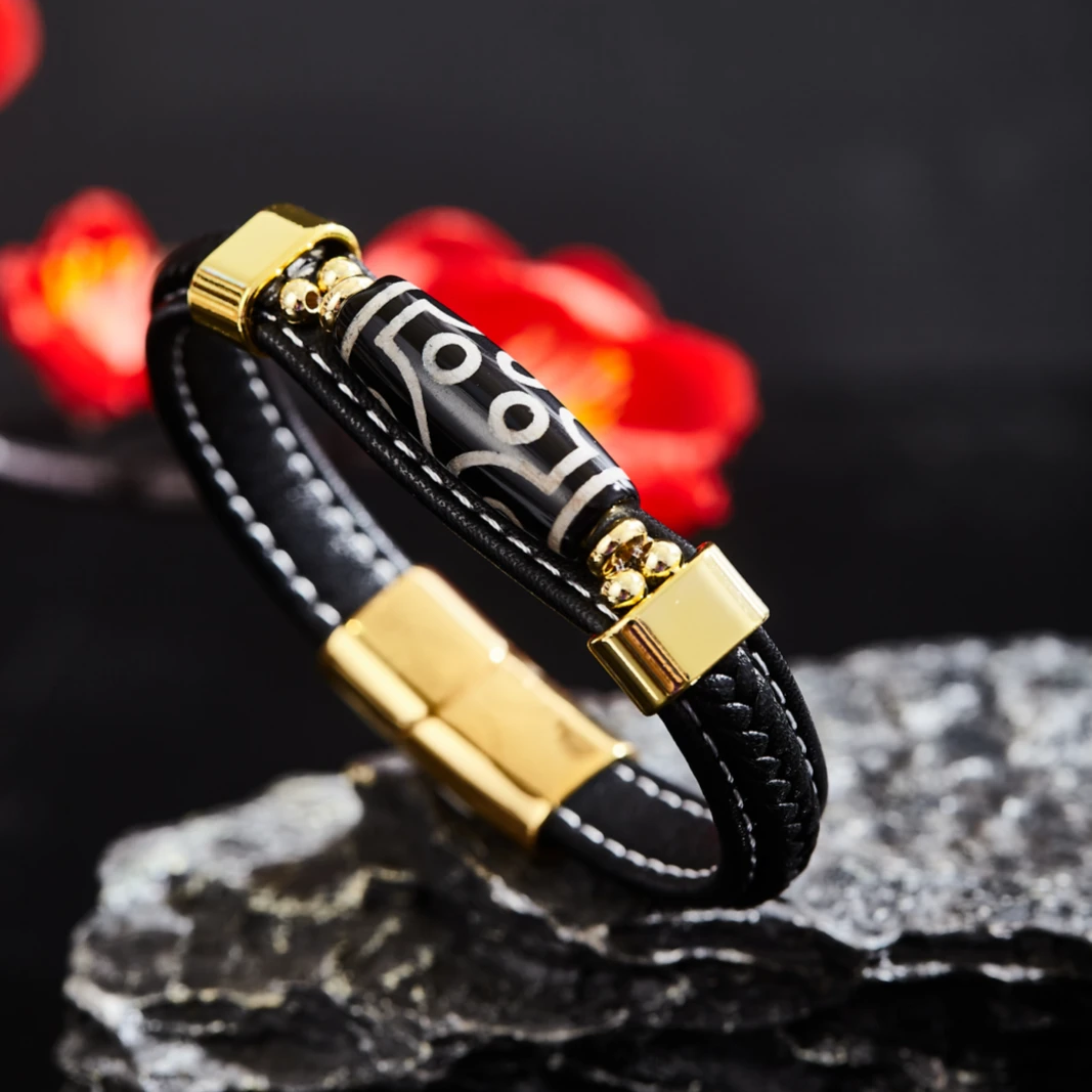 钛钢皮质手链 金色钛钢七眼珠珠手绳男女款手工编织手链藏族配饰