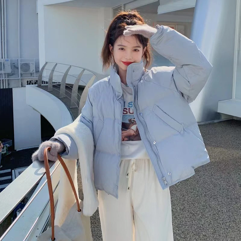 奶呼呼短款蓝色羽绒服女小个子韩版立领宽松时尚冬季百搭外套