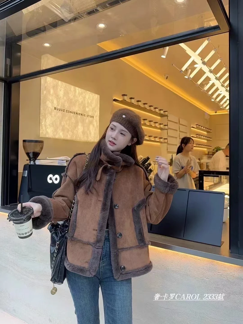 韩版皮毛一体外套女2024新款加厚保暖立领机车夹克服