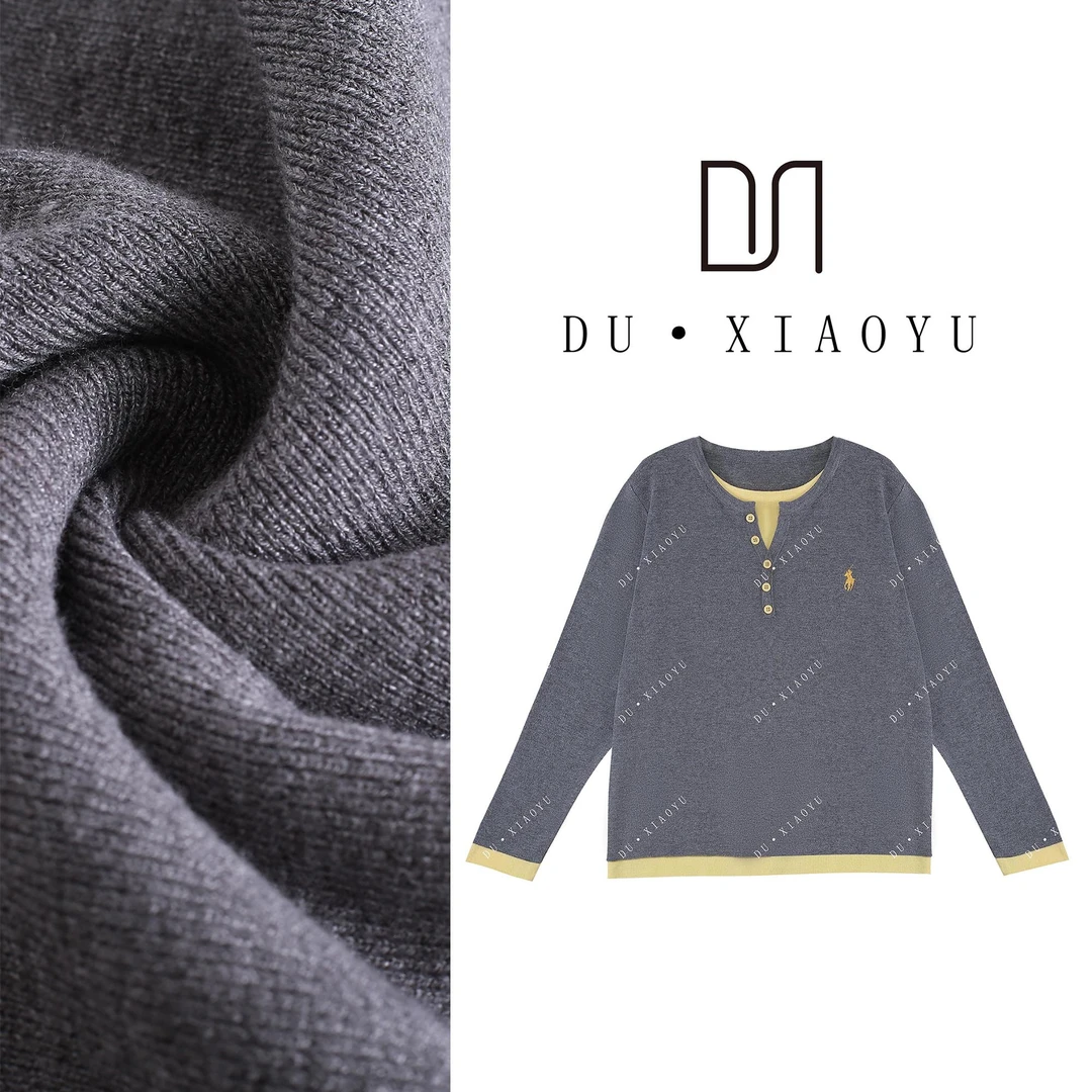 DUDU~【随性主义】Y2135圆领刺绣假两件纽扣设计感显瘦长袖针织衫