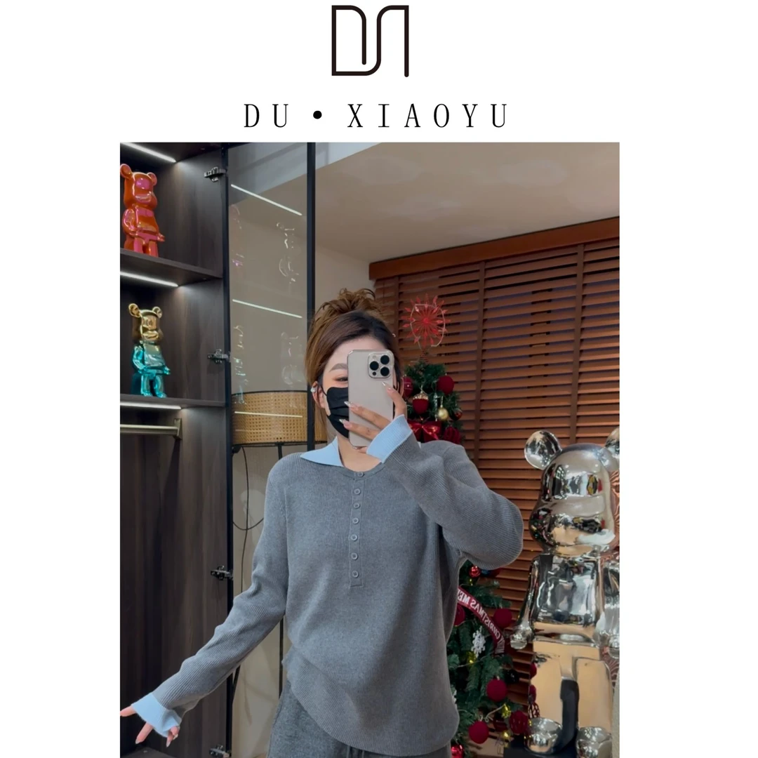 DUDU~【念念不忘】Y41417新款撞色拼接polo领修身针织衫女款