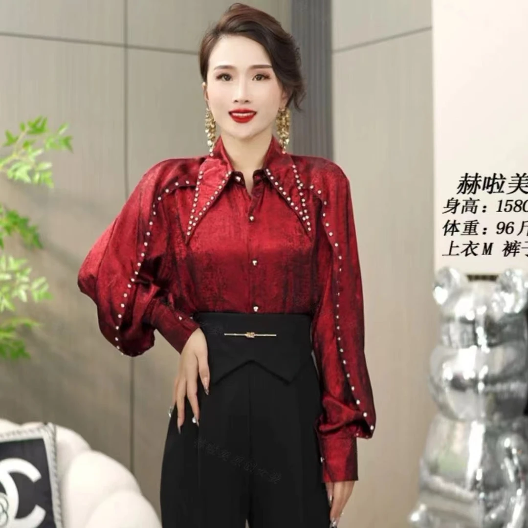 【赫啦美】新款时尚百搭设计款烫金镶钻尖领衬衫女