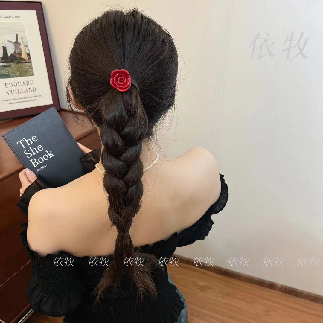 依牧醋酸玫瑰花 法式小众高弹力发圈简约百搭手工发绳A32