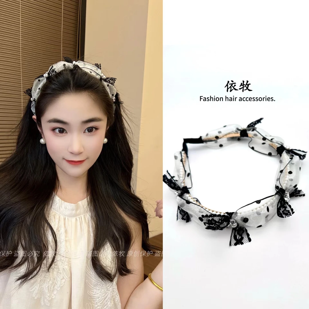 依牧波点蕾丝小香风气质蝴蝶结发箍甜系百搭法式超仙网纱头饰C33