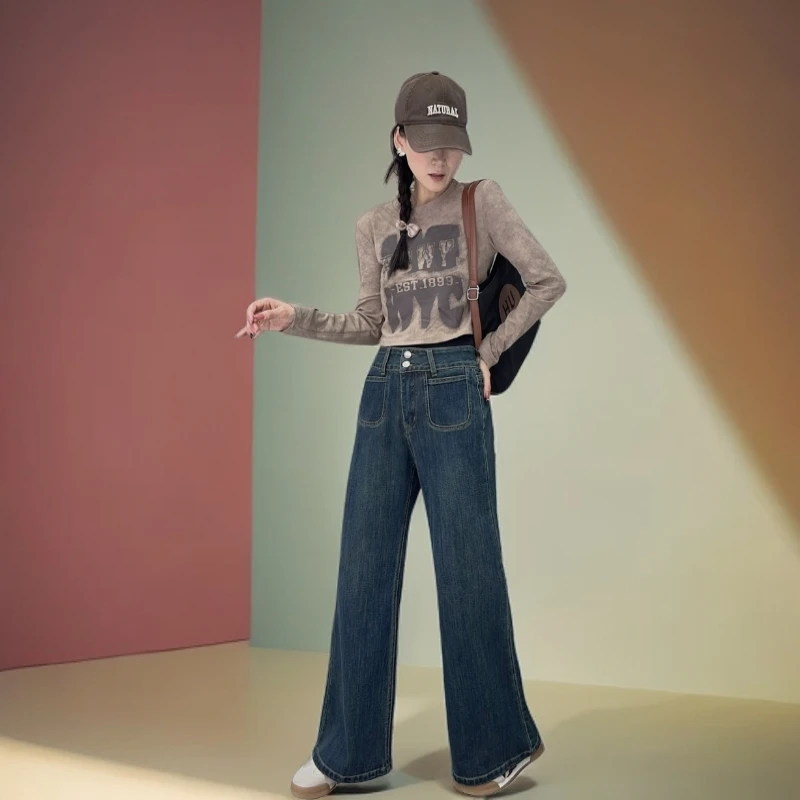 2024秋季时尚高腰直筒裤复古显瘦宽松牛仔阔腿裤