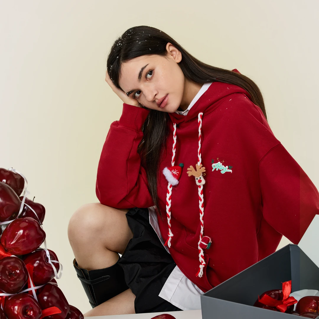 ATRY美式圣诞限定连帽卫衣秋冬季新款红色情侣上衣立体编织帽衫女