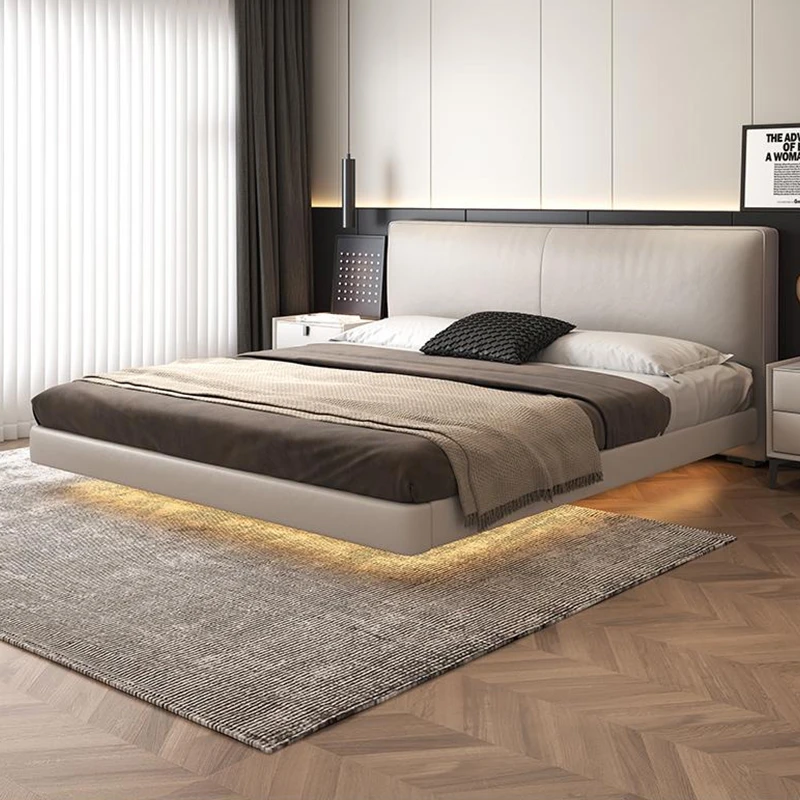 卡其灰悬浮床齐边意式极简主卧室现软包双人真皮大婚床真皮悬浮床