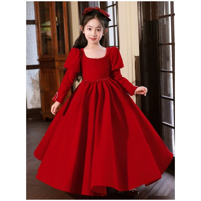 女童礼服轻奢小众高端花童小女孩生日宴红色公主裙钢琴演出主持人