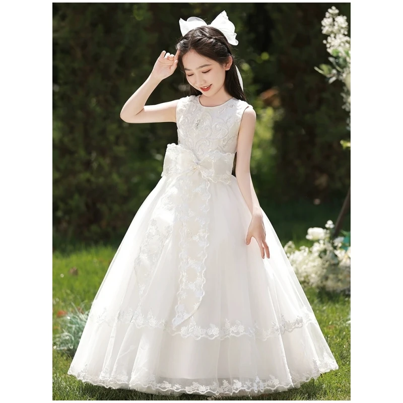 女童高端晚礼服儿童主持人钢琴演出服蓬蓬纱小女孩花童公主裙无袖