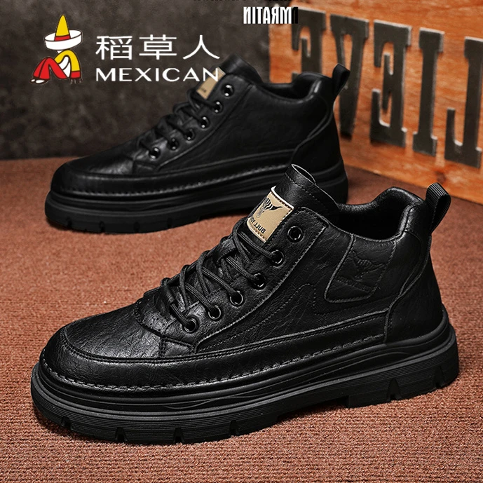 稻草人官方正版商务马丁靴英伦风男款爆款2025新款中帮休闲皮靴子