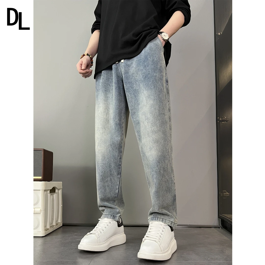 秋冬款牛仔裤男款潮流松紧腰休闲百搭宽松复古抽绳大码加绒裤子男