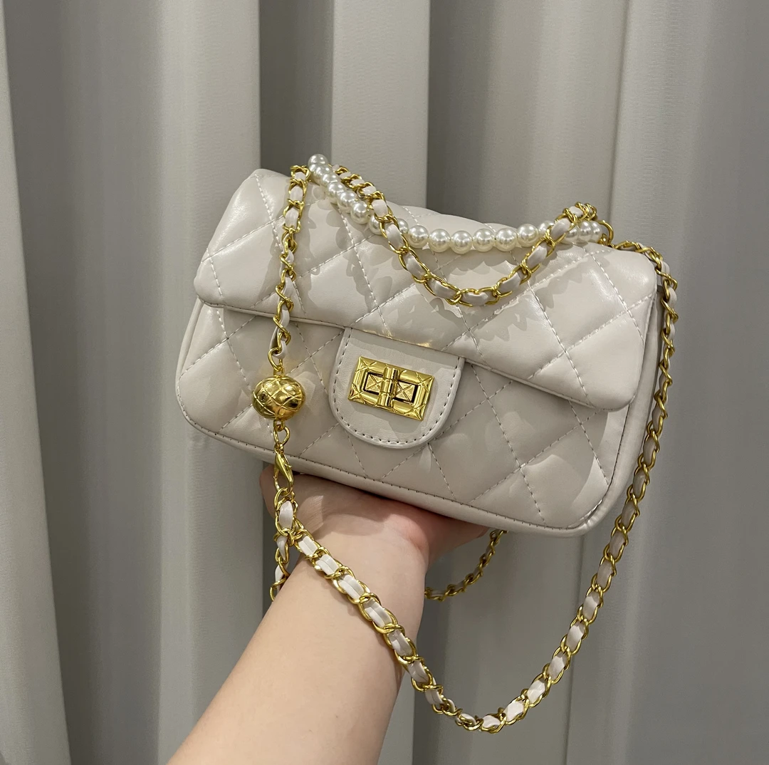 小香风菱格珍珠链条包包女式2024时尚韩国小方包百搭单肩斜挎包TY