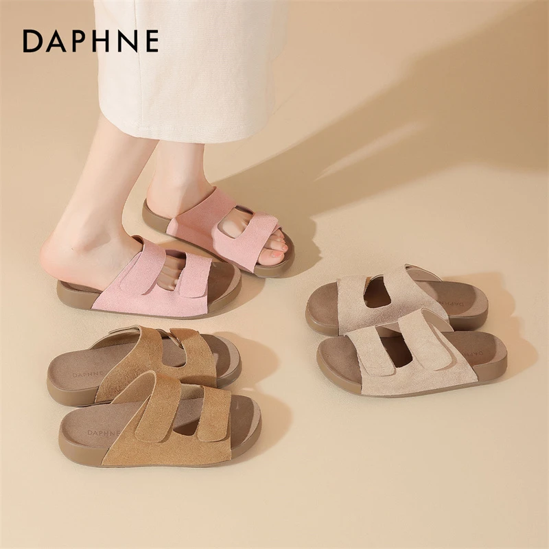 达芙妮女士夏季透气舒适时尚休闲2025复古学院风圆头厚底一字拖鞋