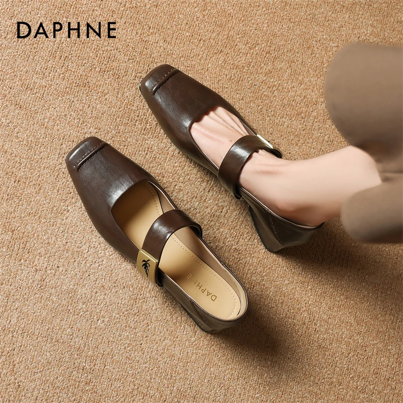 达芙妮夏季时尚百搭法式粗跟方头透气套脚单鞋女款2025新款爆款