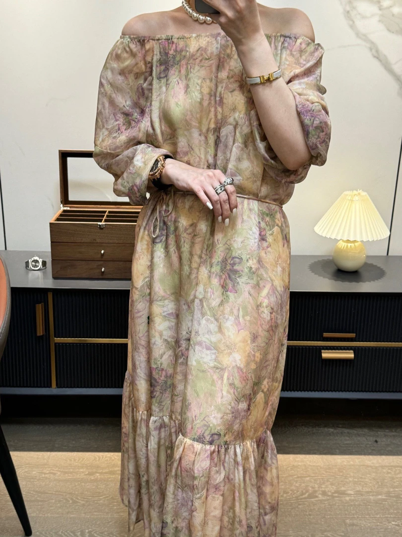 一字肩连衣裙夏季气质