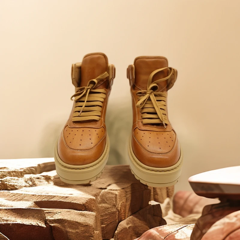 Vicwm2024新品高帮鞋原创里外一体牛皮面时尚百搭运动小白鞋