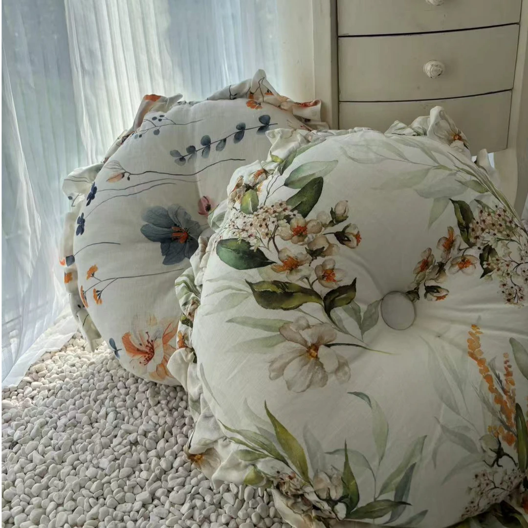 纯亚麻靠垫蒲团椅垫沙发坐垫装饰居家45*45cm花边小清新文艺风