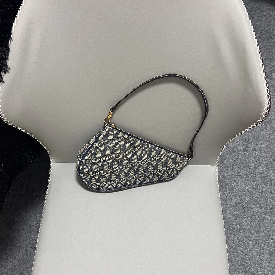 95新 DIOR/迪奥 蓝色老花布面小号蓝金老花小马鞍单肩腋下包