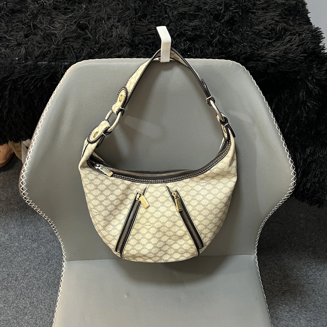 80新 Celine/思琳 白色老花皮质hobo凯旋门腋下单肩包拉链