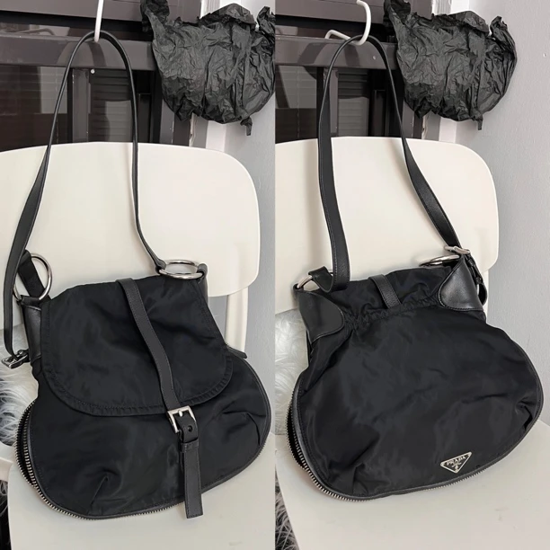 95新 Prada/普拉达 黑色斜挎包尼龙布面拉链三角标元宝翻盖邮差包