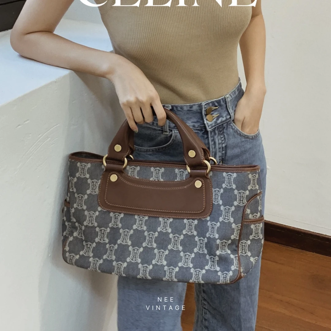 95新 Celine/思琳 老花牛仔布手提托特包凯旋门中号复古丹宁tote
