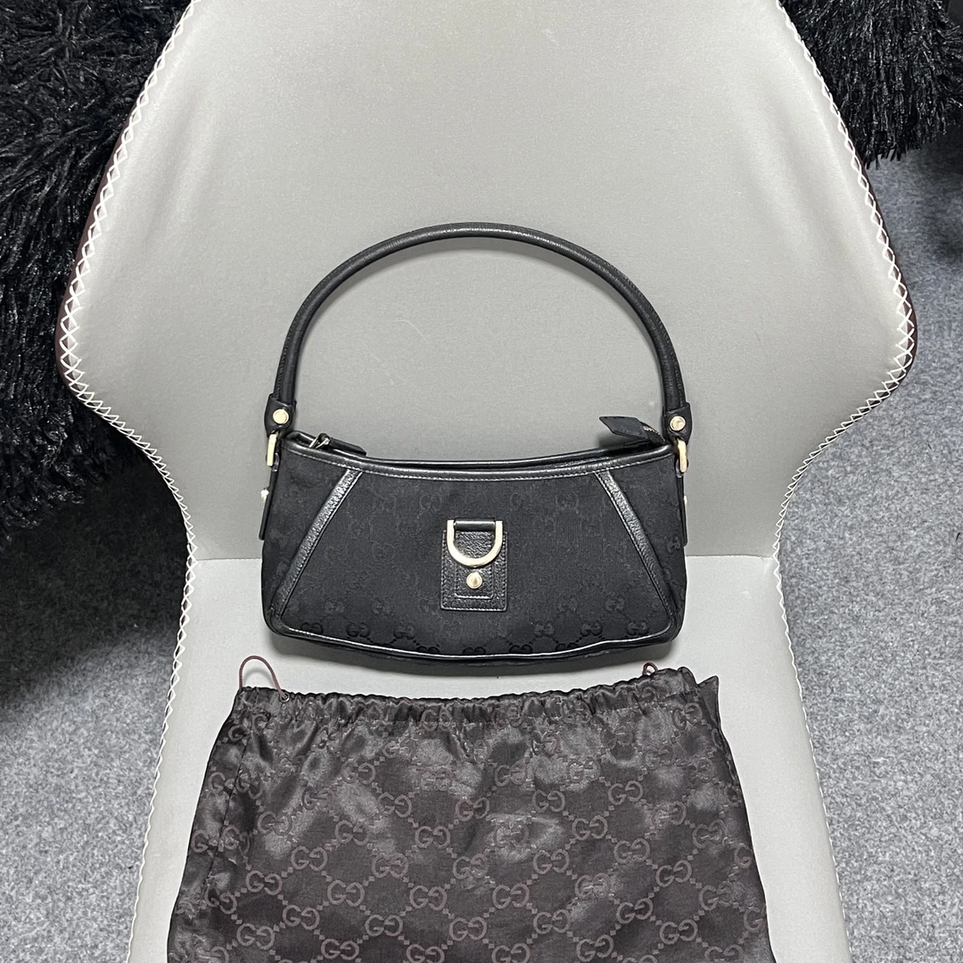 95新 GUCCI/古驰 黑色老花腋下包帆布豌豆元宝looping超模单肩包
