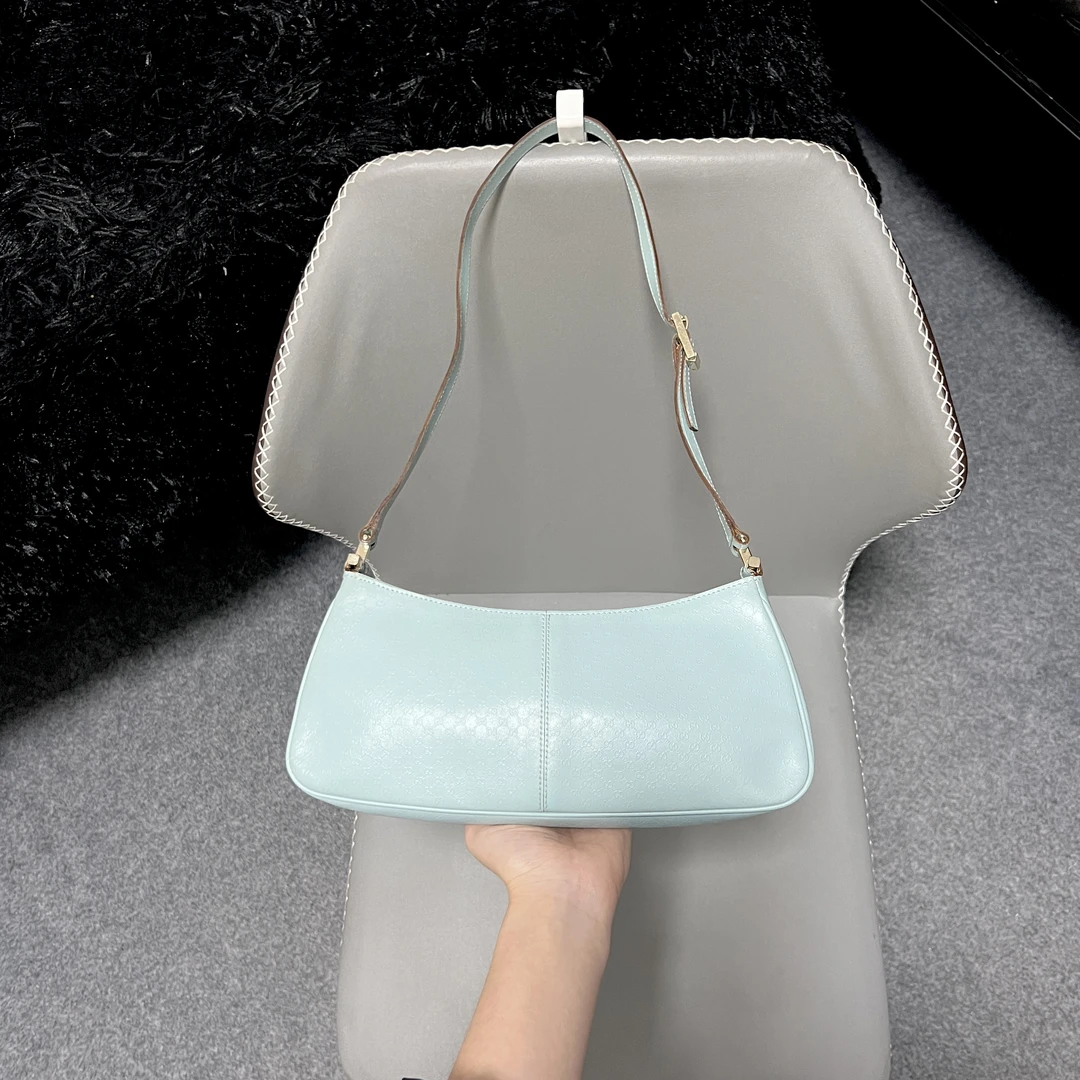 95新 GUCCI/古驰 婴儿蓝色老花浮雕腋下hobo麻将包湖水蓝单肩