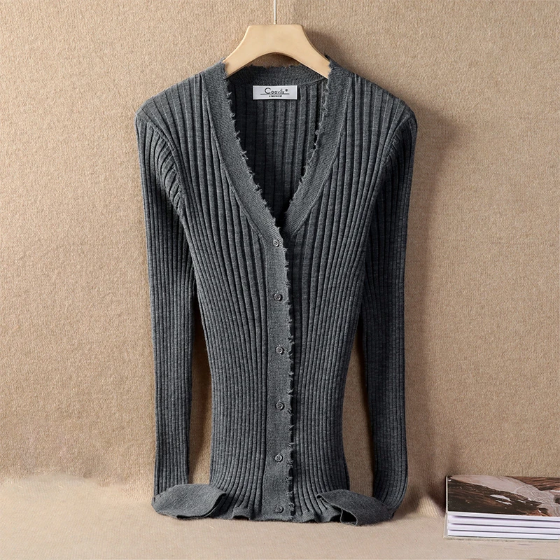 羊毛抽条V领破茧开衫女士百搭时尚长袖针织衫羊毛衫修身款RD3126