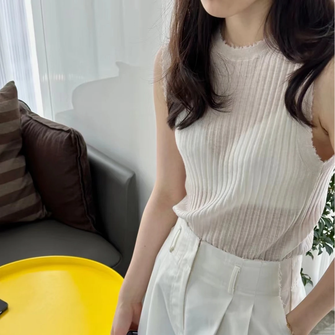 针织背心女外穿无袖马甲美丽诺超细羊毛砍袖薄款毛边打底正肩上衣