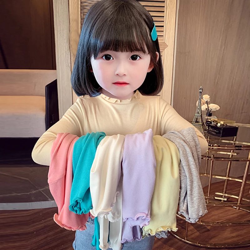 女童打底衫春秋2023新款儿童韩版洋气花边纯色长袖T恤