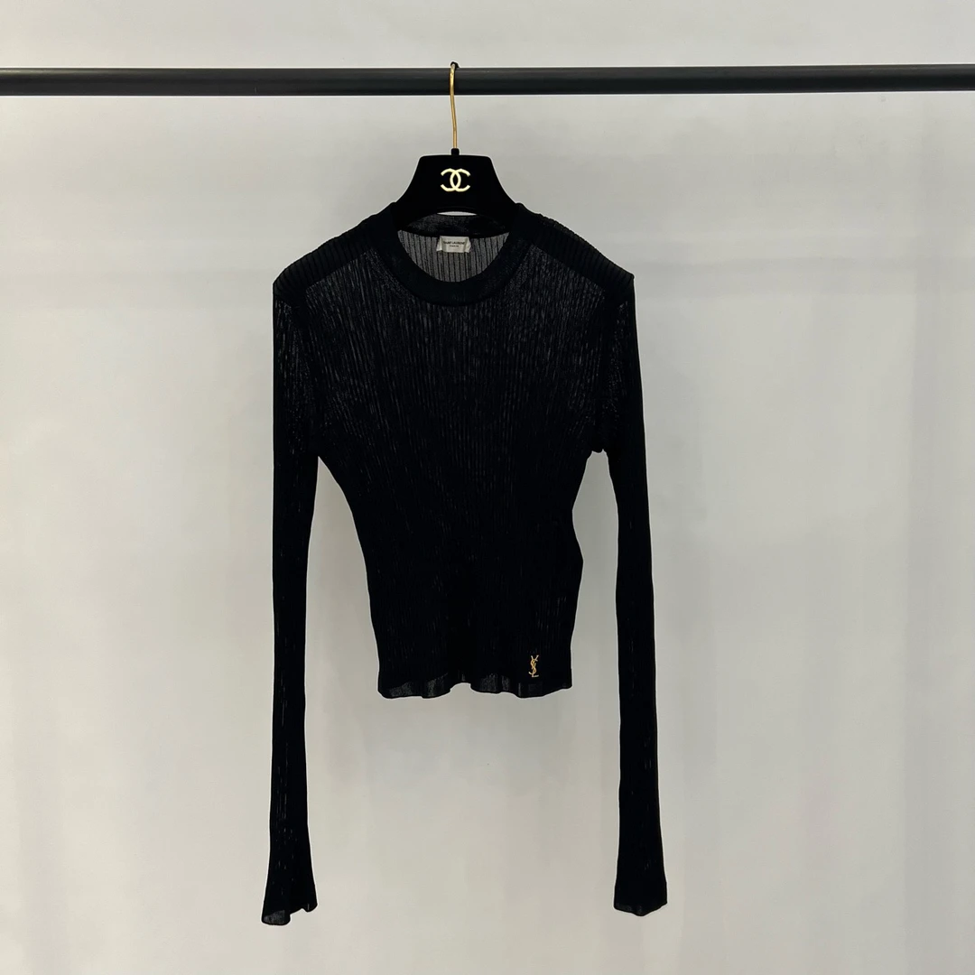 99新YSL/圣罗兰 女士黑色罗纹粘胶纤维MONOGRAM上衣 M码