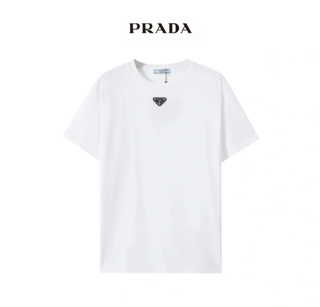 带吊牌未使用prada普拉达三角标经典纯棉白色T恤 L码 00281