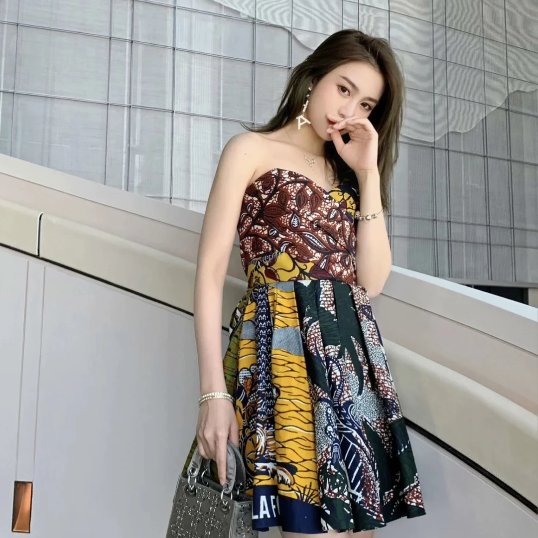 全新未使用 DIOR/迪奥 印花抹胸连衣裙小礼服 34码00348