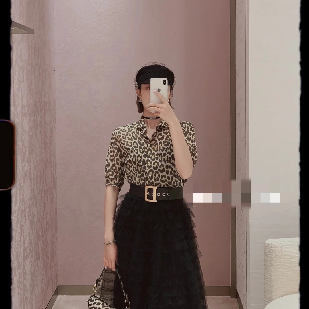 99新 迪奥/Dior 豹纹桑蚕丝短袖衬衫 36码 00327