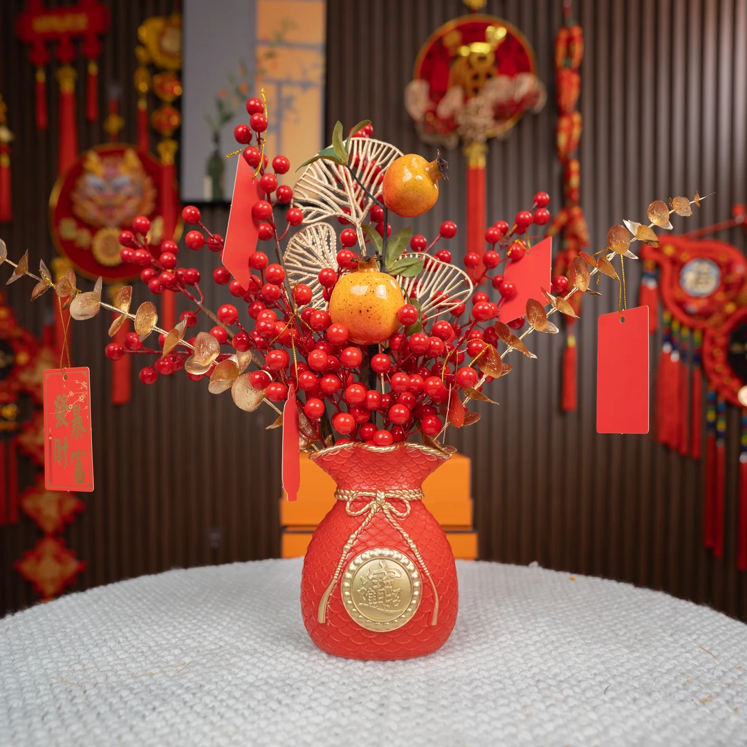 福袋钱袋新年喜事装饰福卡石榴银柳仿真花发财果装饰