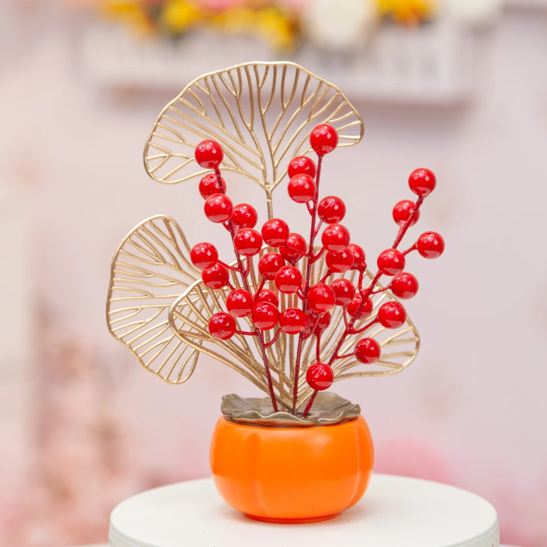 发财果柿子仿真花摆件玄关电视柜装饰品乔迁之喜装饰