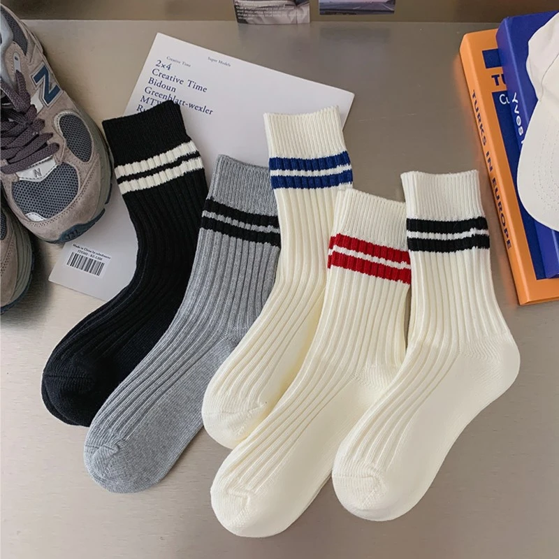 秋冬袜子女粗线双针竖条显瘦百搭中筒袜黑白纯色简约二条杠堆堆袜