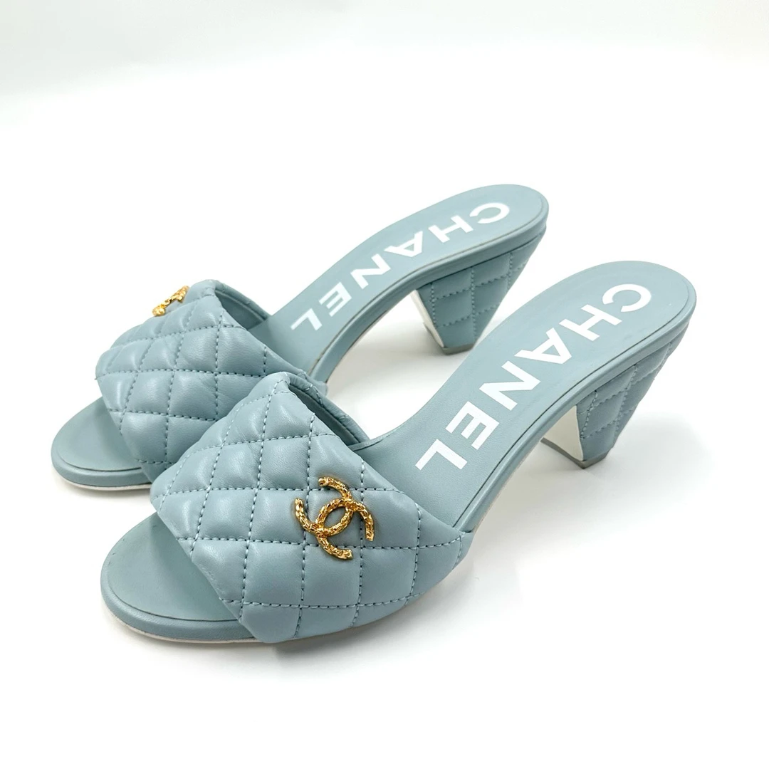 Chanel/香奈儿/36.5码/蓝色菱格双C高跟拖鞋/5.5cm/99新编码10896