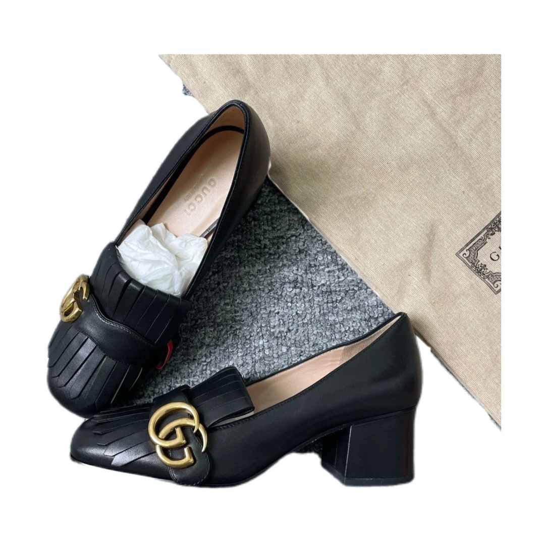 Gucci/古驰/36.5码/双G流苏黑色粗跟鞋/全新闲置/6440