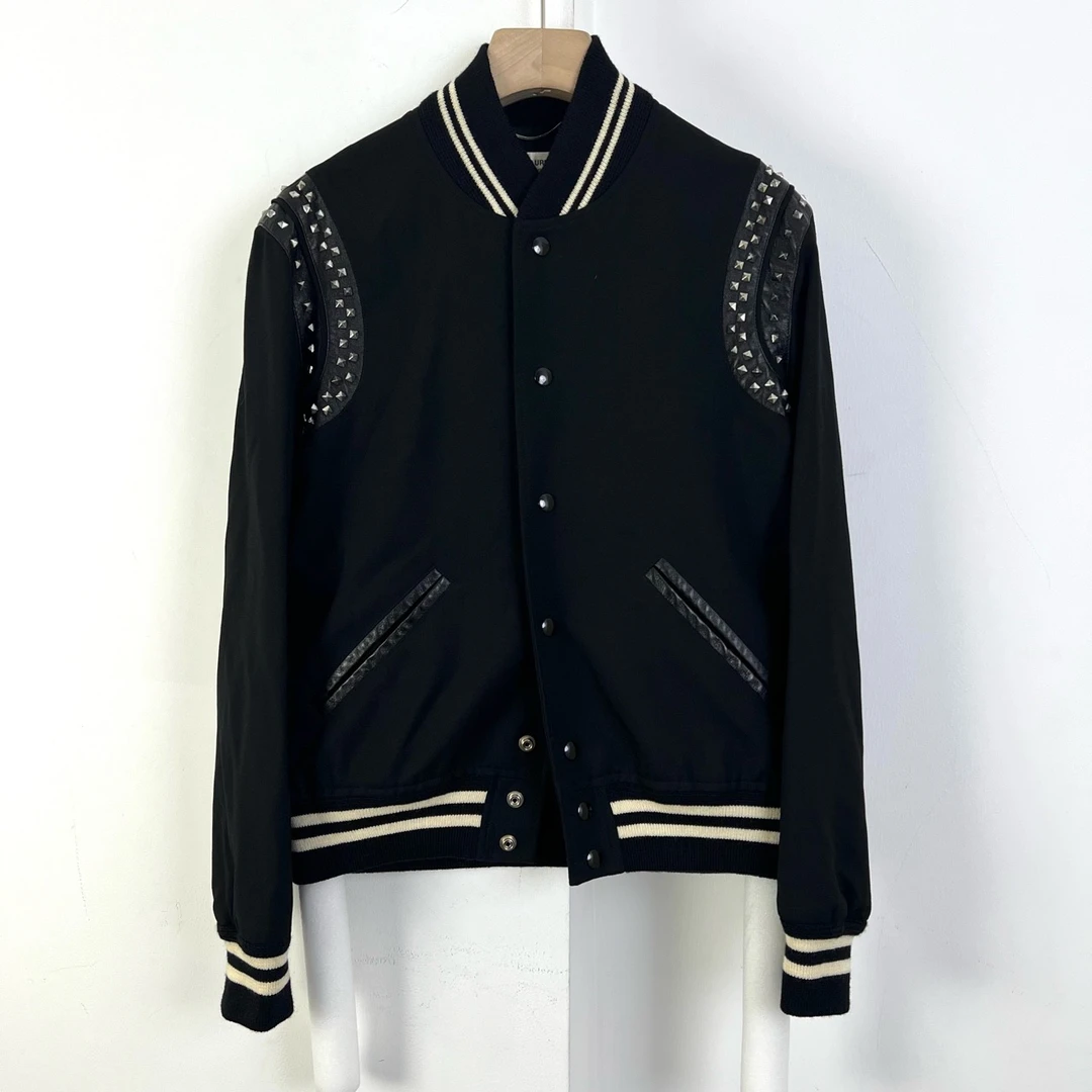 Saint Laurent/圣罗兰/46码/铆钉拼皮羊毛棒球外套/97新氧化10201