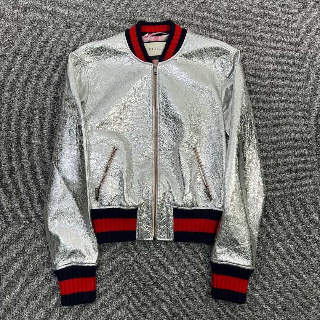 Gucci/古驰/40码/红黑条纹银色皮夹克/97新/女款/编码05173