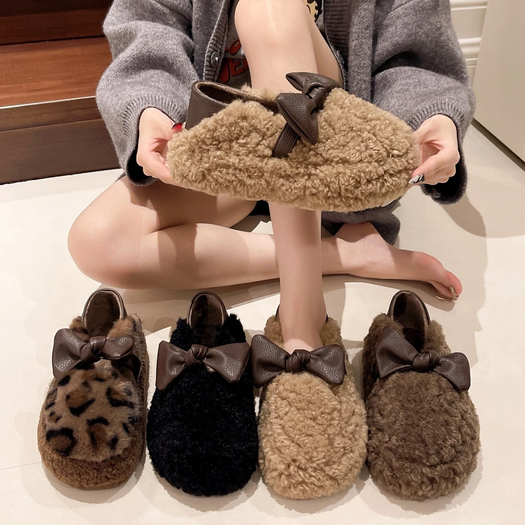 毛毛加绒女鞋日常穿搭舒适百搭简约经典纯色低跟软底一脚蹬棉鞋女