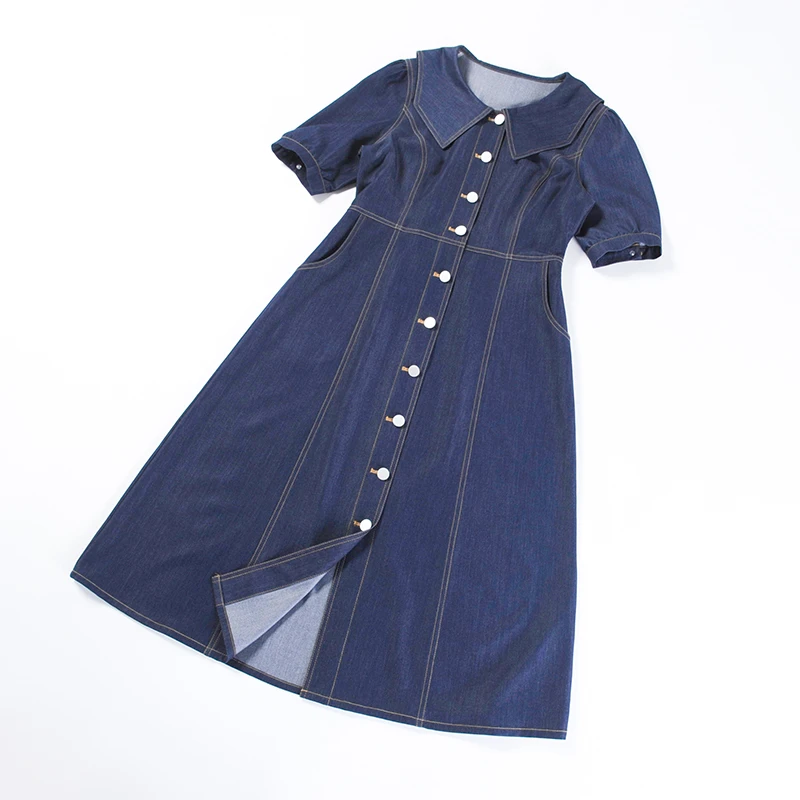 酒窝桃子大码牛仔连衣裙显瘦夏季时尚a字中长款水洗扣式透气爽滑