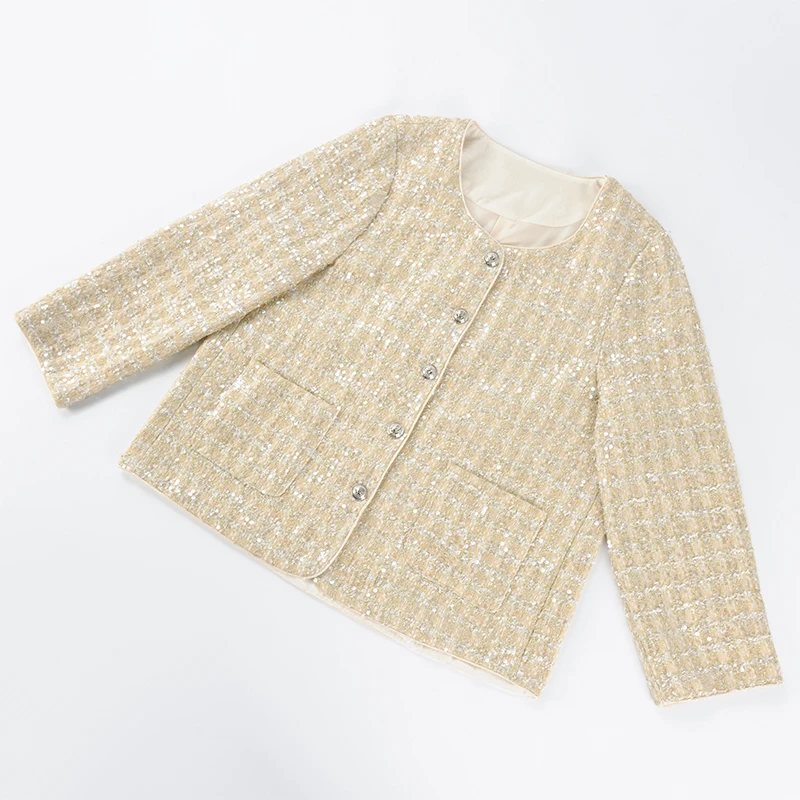 136-208酒窝桃子大码小香风外套正肩显瘦遮肉亮片圆领长袖春秋高